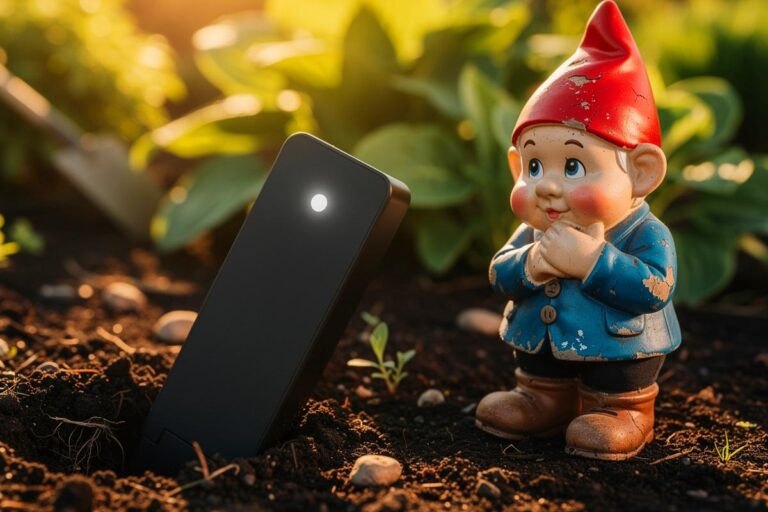 Illustration von einem smarten Bodenfeuchtigkeitssensor, der neben einem Gartenzwerg in der Erde steckt und Daten an ein Smartphone sendet.