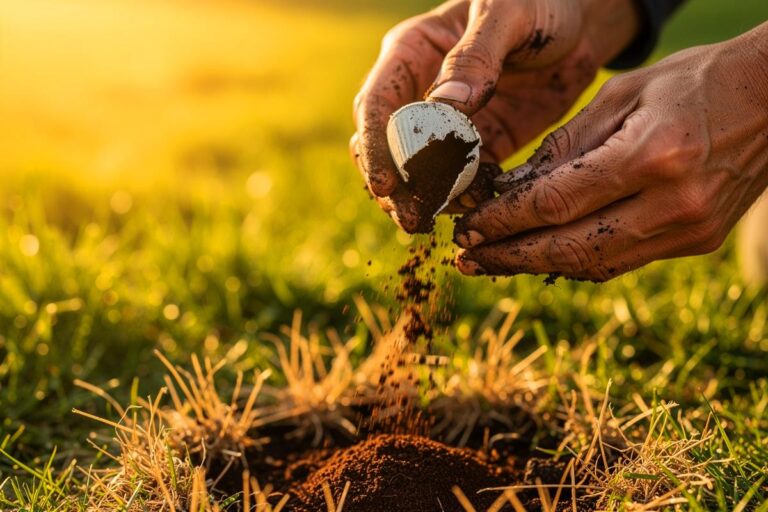 Illustration von einer Hand, die den Inhalt eines gebrauchten Kaffeepads auf eine lückenhafte Rasenstelle streut, während im Hintergrund ein dichter, grüner Rasen wächst.
