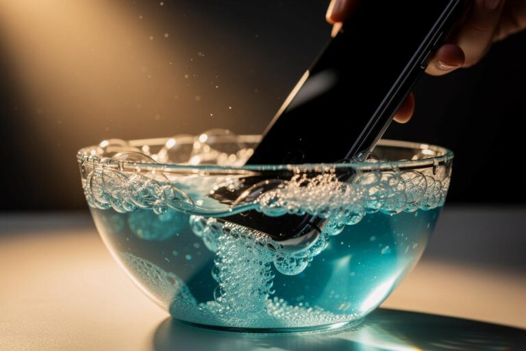 Illustration von einem Smartphone, das in einer Seifenblase schwebt, während im Hintergrund Staubpartikel und Reinigungswerkzeuge zu sehen sind.