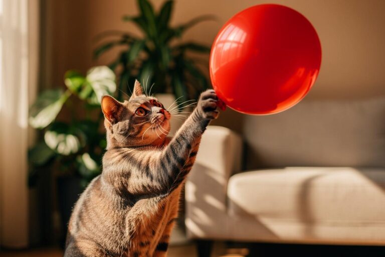 Illustration von einer neugierigen Katze, die mit eingezogenen Krallen sanft einen schwebenden Luftballon in einer gemütlichen Wohnungsecke berührt.