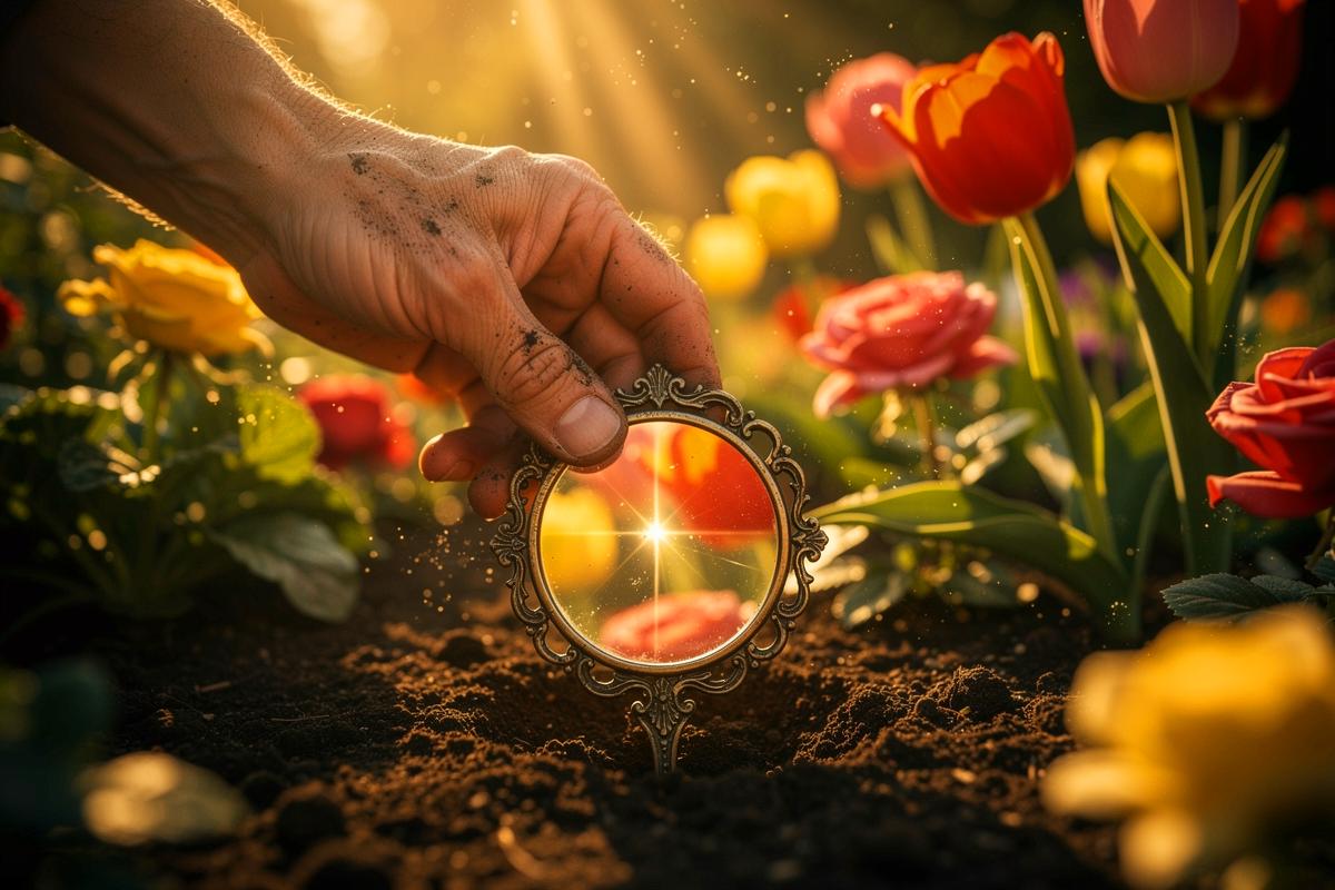 Illustration von Handspiegeln, die zwischen Blumen und Pflanzen in einem Gartenbeet stecken und Sonnenlicht reflektieren, um Vögel abzuschrecken.