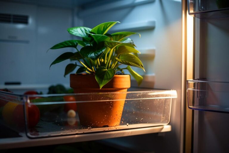 Illustration von einer geöffneten Kühlschranktür, in deren Gemüsefach eine gesunde Zimmerpflanze in einem Topf steht, umgeben von typischen Lebensmitteln.
