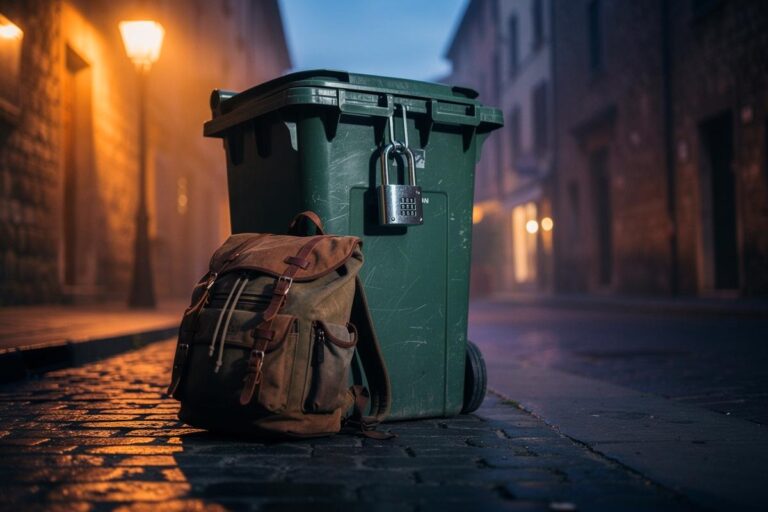 Illustration von einer mit einem Vorhängeschloss gesicherten Mülltonne vor einem Reisekoffer und einer Stadtkulisse.