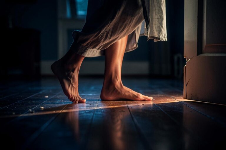 Illustration von einer Person, die auf Zehenspitzen leise und achtsam einen Raum betritt.