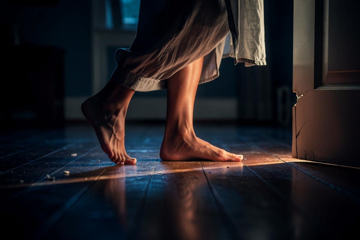 Illustration von einer Person, die auf Zehenspitzen leise und achtsam einen Raum betritt.