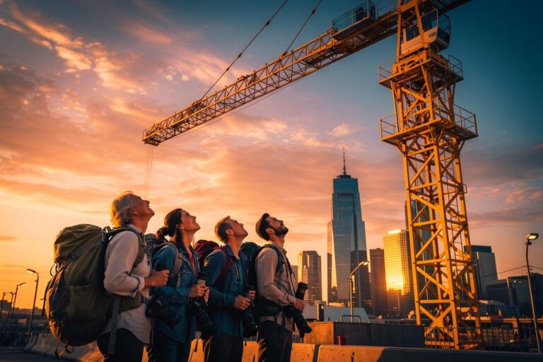 Illustration von Baukränen vor städtischer Skyline bei Sonnenuntergang, beobachtet von Reisenden mit Kameras.