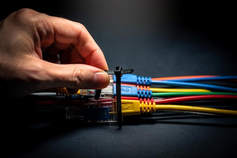 Illustration von geordneten, mit Kabelbindern fixierten Kabelsträngen vor einem modernen Smart Home-Setup mit gläsernen Geräten.