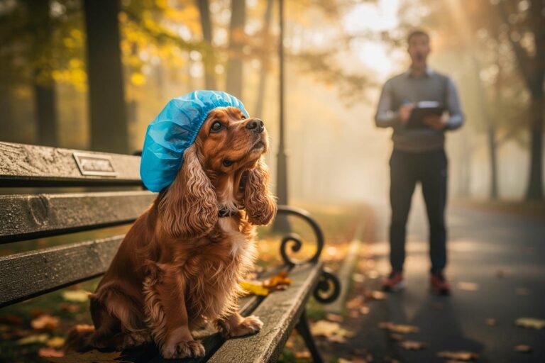 Illustration von einem Hund mit einer blauen Duschhaube auf dem Kopf während eines Spaziergangs im Park, während ein Hundetrainer mit einem Notizbuch daneben staunend dasteht.
