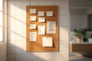Illustration einer modernen, minimalistischen Badezimmerwand mit einer großen Korkpinnwand, die mit Notizzetteln, einer Einkaufsliste, einem Kalenderblatt und einem inspirierenden Zitat bedeckt ist.