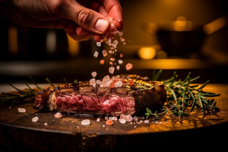 Illustration von einer Hand, die grobe Salzkristalle über ein fertiges Gericht auf einem Schneidebrett streut.