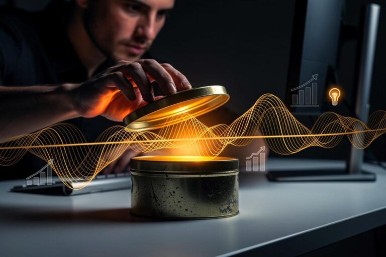 Illustration von einer Hand, die den Deckel einer Metall-Keksdose öffnet, wobei Schallwellen und Symbole für Konzentration und Produktivität aus der Dose strömen.