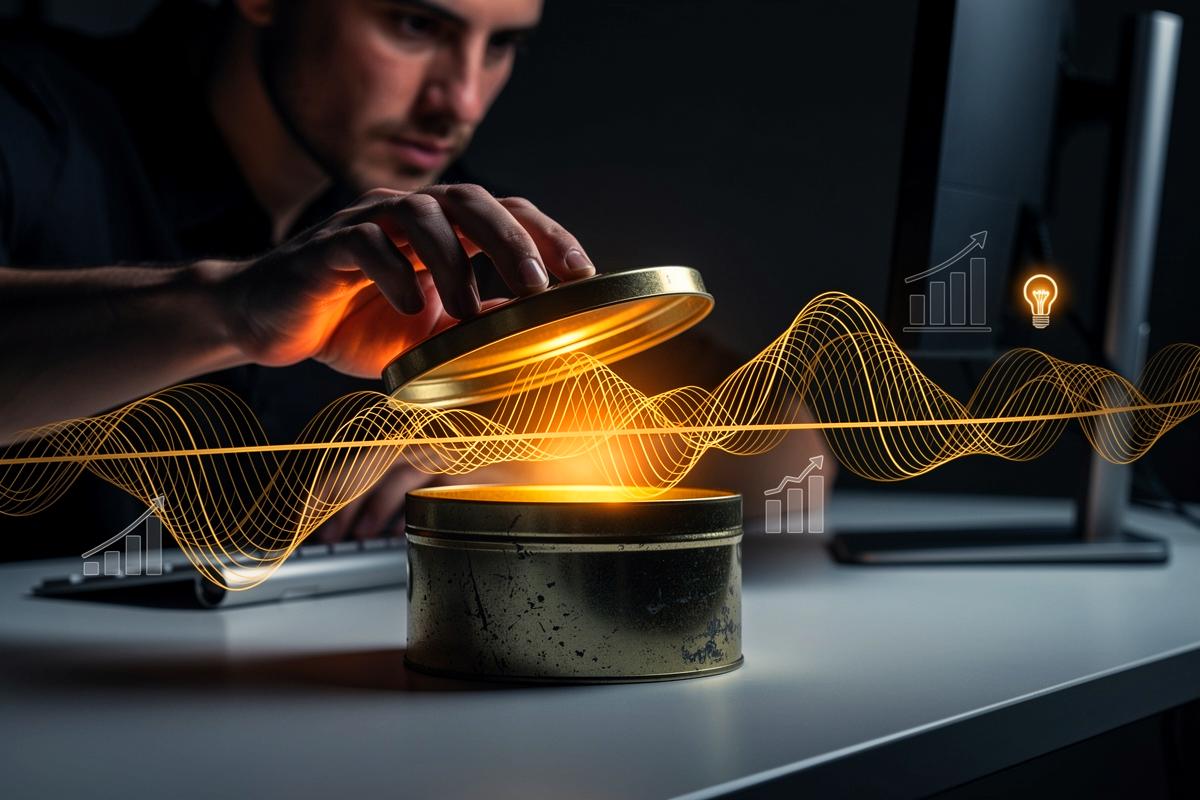 Illustration von einer Hand, die den Deckel einer Metall-Keksdose öffnet, wobei Schallwellen und Symbole für Konzentration und Produktivität aus der Dose strömen.